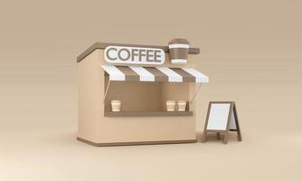 Representación 3d de una pequeña cafetería con un tema marrón en el fondo. Ilustración de procesamiento 3d. foto