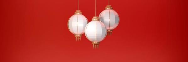 3D Rendering of white Chinese lantern on red background banner with copy space concept of happy Chinese new year. 3D Render illustration. photo