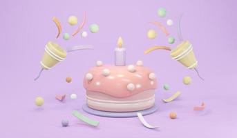 3D Rendering of birthday cake with candle and party popper popping confetti in pastel theme concept of birthday party background. 3D Render illustration. photo