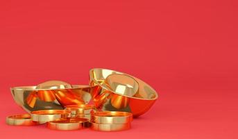 3D Rendering of panorama scene of shiny Chinese gold bars ingot and golden coins and copy space on red background banner. 3D Render illustration. photo