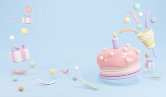 3D Rendering of birthday cake with candle and party popper popping confetti in pastel theme concept of birthday party background. 3D Render illustration. photo