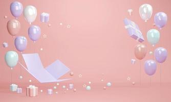 3D rendering concept of pastel gift open with balloon and copy space photo