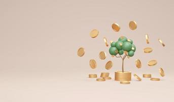 3D Rendering trees with coins falling down on stack of coins on background concept of money tree financial investment with copy space. 3D Render illustration. photo