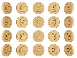 3D Rendering set of spinning gold coins in many views rotate in different angles with currency pound, dollar, yuan, and euro isolated on white background. 3D Render. 3d illustration. photo