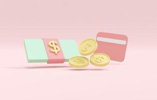 Set of 3D Rendering of minimal pastel money investment elements credit card cash and money bill isolate on white background. 3D Render illustration. photo