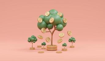 3D Rendering concept of money investment. Trees with coins falling down on background. 3D Render. photo