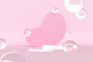 Representación 3d mínimo dos doble ronda podio soporte escenario para perfume cuidado de la piel producto cosmético flotante cristal vidrio agua burbuja bola resumen forma rosa espacio en blanco fondo estudio anuncio