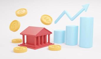 3D Rendering of government building icon coins and graph rise up on background concept of investment in government bond. 3D Render illustration. photo