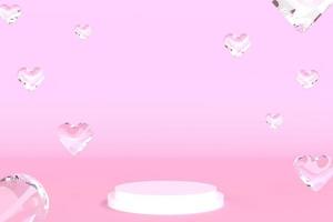3d render corazón vidrio flotante burbuja cristal bola agua rosa escena redondo podio soporte escenario para perfume cuidado de la piel producto cosmético brillante anillo línea espacio en blanco fondo estudio anuncio