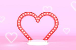 3D Render Rendering Red Circus Light Floating Heart Line Glowing Ring Podium Stand Colorful Scene Round PodiumStand Stage Abstract Pink Background Blank Space Studio Advertisement for Product photo