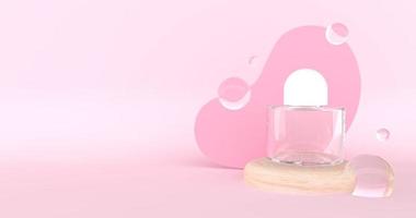 Representación 3D mínimo perfume cuidado de la piel botella cosmética madera redondo podio soporte etapa flotante cristal vaso agua burbuja bola abstracto forma rosa espacio en blanco fondo estudio anuncio para producto foto