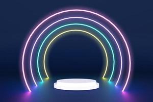 3D Render Rendering Double Podiums Stands Circle Tube Tunnel Line Glow Ring Colorful Rainbow Neon Glowing in The Dark Scene Round Podium Stand Stage for Product Blank Space Background Studio photo