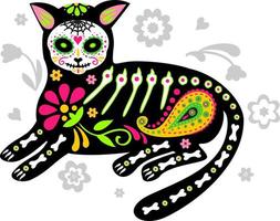 tarjeta de felicitación con gato, esqueleto con motivos florales. gatos coloridos. ilustración vectorial vector