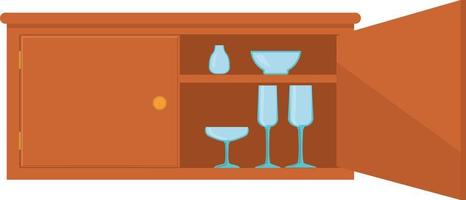 Cupboard vector illustration. Wardrobe with a slightly open door and dishes on the shelves