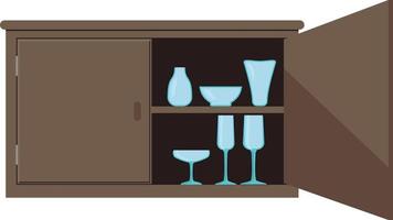 Cupboard vector illustration. Wardrobe with a slightly open door and dishes on the shelves