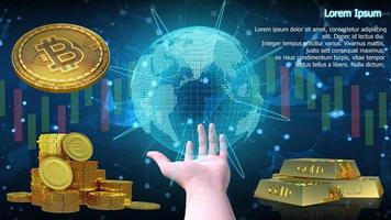 3d renderizar monedas de dinero bitcoin y oro. Es el futuro del mundo. foto