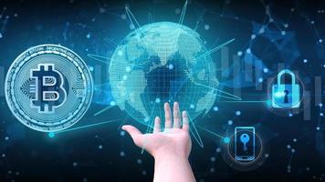 3D Render Bitcoin on Blue Background.Future money for payment and internet market. photo