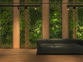 3D render Home interior mock-up sofa on green vertical plants background for nature premium product or wallpaper photo