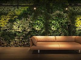 Sofá de maqueta de interior de casa de renderizado 3d sobre fondo de plantas verticales verdes para producto de naturaleza premium o papel tapiz