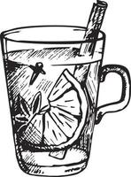 Hot grog cocktail. Hand-drawn sketch style Christmas winter or autumn warm drink in a coupe glass vector