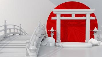 3d render puerta de enlace japonesa torii podio blanco sobre fondo de círculo rojo para producto premium
