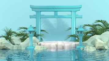 3d render puerta de enlace japonesa tori podio blanco sobre fondo azul y reflejo de agua para producto premium foto