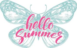 Hello summer Summer illustration with hand lettering. Template badge, sticker, banner, greeting card or label Brush Pen lettering and butterflies vector