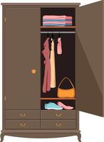 Open wardrobe. Vector illustration wooden wardrobe drawer design clothes, inside closet stand fashion, shoes standing and shelf for hats. Furniture in flat style