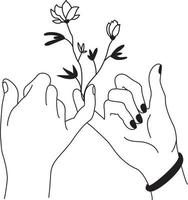 toque cariñoso de las palmas. dos manos conectando con el amor, símbolo de las relaciones románticas. pareja une los dedos - concepto de seguridad, unión. vector de dibujos animados