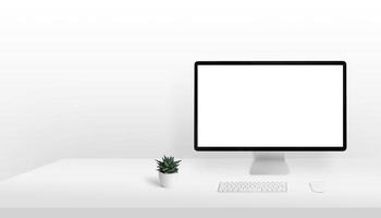 Computer display mockup on work desk with copy space beside. Clean, light composition. Isolated screen for page presentation photo
