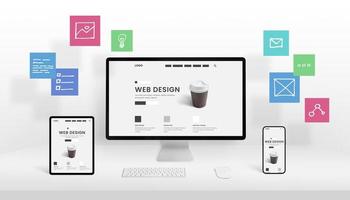 estudio de diseño web y concepto de agencia de marketing digital. página web receptiva en pantalla de computadora, tableta y teléfono inteligente foto