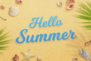 Hello summer text on beach sand surrounded with shells and palm leaves. Top view, flat lay