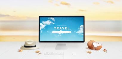 Search for summer travel destinations online concept. Computer display on desk with sea and beach in background. Travel concept photo
