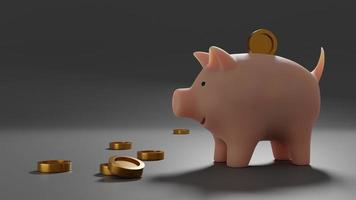 3d render. Pink piggy bank on a gray background with gold coins. photo