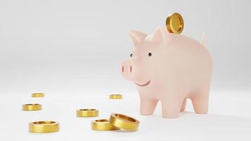 3d render. Pink piggy bank on a white background with gold coins. photo