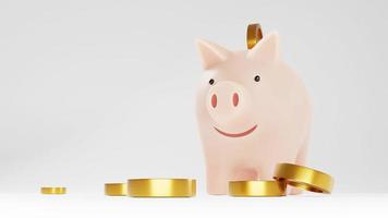 3d render. Pink piggy bank on a white background with gold coins. photo