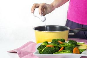 sprinkle some salt in water before boil vegetables, after boiled pour hot water out and soak them with cold water,  make veggies bright color and eatable, kitchen tips