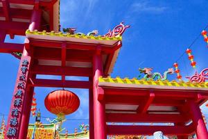 Red lantern decoration with Pagoda at back with clear blue sky photo