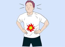 Unhealthy man suffer from stomach ache or gastritis. Unwell male touch belly struggle with abdominal pain. Hand drawn style vector design illustrations.