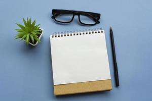 Notepad with notepad, potted plant, pend and glasses. Flat lay. Directly above photo