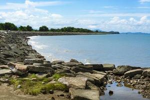 Blue sea under blue skies with white clouds at Tanjung Aru Beach, Borneo, Sabah, Malaysia. photo