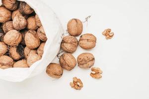 Top view of a bag of walnuts on white background photo
