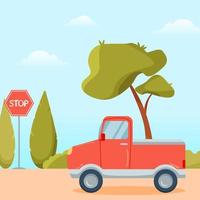 Cute red car, waggon, with green trees and stop sign vector