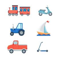Set of transport train, scooter, tractor, boat, car at the white background vector