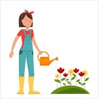 Chica campesina con flores de regadera, fondo blanco. vector