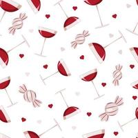 Pattern with glass of wine, candies and hearts vector