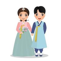 Cute couple in traditional hanbok dress cartoon character of South Korea. Vector illustration.