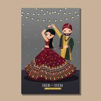 Bride and groom cute couple in traditional indian dress cartoon character vector