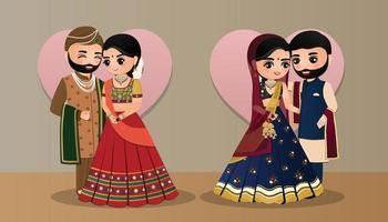 Set of Cute couple in traditional indian dress cartoon characters bride and groom.Wedding invitations card. vector