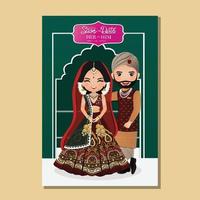 Cute couple in traditional indian dress cartoon character.Romantic wedding invitation card vector